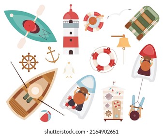 Sea vacation elements set. Summer travel. Vector illustration. Water sport clipart. Isolated on white background