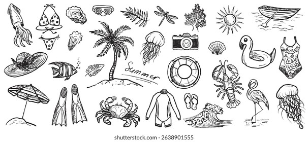 Sea vacation equipment in black brush stroke texture isolated on white. Hand drawn vector sketch illustration in vintage charcoal ink. Palm tree on a beach, marine animals design