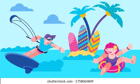 Sea vacation with fun kite in ocean, vector illustration. Summer sport active in water, beach surf activity on cartoon board. Holiday leisure outdoor action, man woman character in water.