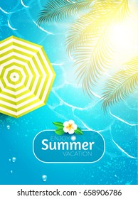 Sea Vacation Poster Template. Summer Background. Ocean Waves, Shining Sun, Palm Leaves, Umbrella and Flower. Vector illustration