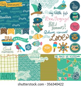 Sea vacation scrapbooking collection, different elements for beautiful design, Vector
