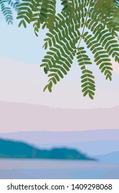 Sea Vacation. Summer Background. Ocean Shining Sun, leaves. Vector illustration