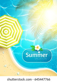 Sea Vacation. Summer Background. Ocean Waves, Shining Sun, Palm Leaves, Umbrella and Flower. Vector illustration