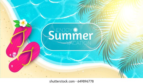 Sea Vacation. Summer Background. Ocean Waves, Shining Sun, Palm leaves, Slippers and Flower. Vector illustration