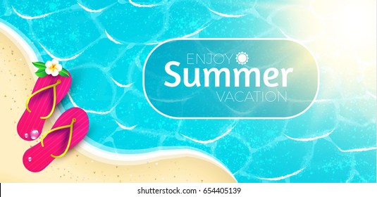 Sea Vacation. Summer Background. Ocean Waves, Shining Sun,  Slippers and Flower. Vector illustration