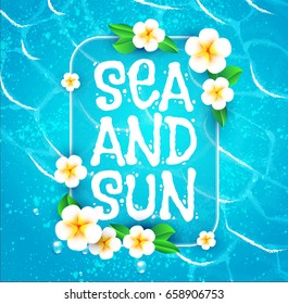 Sea Vacation. Summer Background. Ocean Waves and Flower. Poster Template. Vector illustration