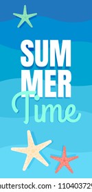Sea Vacation. Summer Background. Poster Template. Ocean Waves, Shining Sun, Palm leaves and Flower. Vector illustration