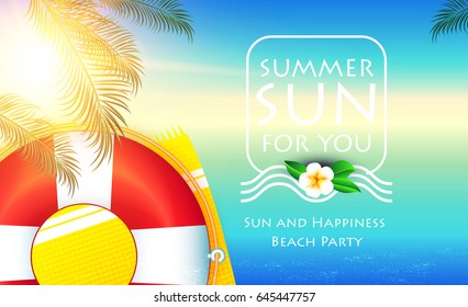 Sea Vacation. Summer Blur Background. Ocean Waves, Shining Sun, Palm leaves, Lifebuoy  and Flower. Vector illustration