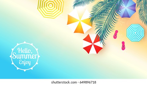 Sea Vacation. Summer Blur Background. Ocean Waves, Sand, Shining Sun, Palm Leaves, Umbrellas and Slippers. Vector illustration