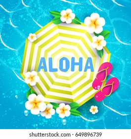 Sea Vacation. Summer Blur Background. Ocean Waves, Sand, Shining Sun, Palm Leaves, Umbrellas and Slippers. Vector illustration