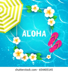 Sea Vacation. Summer Blur Background. Ocean Waves, Sand, Shining Sun, Palm Leaves, Umbrellas and Slippers. Vector illustration