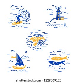 Sea vacation symbols vector set with surfing, lighthouse, lobster, sailboat and fishes. Travel concept. Vector illustration.