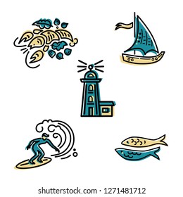 Sea vacation symbols vector set with surfing, lighthouse, lobster, sailboat and fishes. Travel concept. Vector illustration.