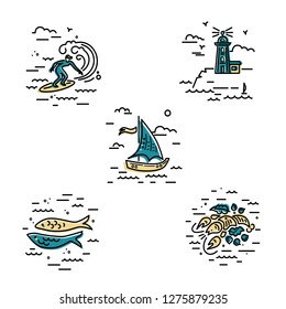 Sea vacation symbols vector set with surfing, lighthouse, lobster, sailboat and fishes. Travel concept. Vector illustration.