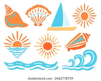 Meer Urlaub Symbole Vektorgrafik Set. Niedliche bunte Wasser Wellen, Segelboot, Sonnenform und Muscheln in einfachen flachen Stil isoliert auf weißem Hintergrund. In: Summer Nautical Illustrations. Sunny Resort Icons