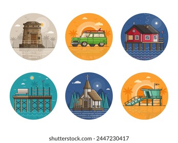 Iconos de viajes de vacaciones en el mar. Las vacaciones de verano junto al mar rodean las escenas con la casa del pescador, la iglesia marítima, el coche del surf, la torre del salvavidas de la playa y el muelle sobre pilotes. Icono náutico y marítimo.