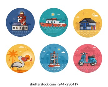 Sea vacation travel icons. Summer seaside holidays circle scenes with lighthouse, beach hut, speed boat, scooter and pelican. Nautical and maritime icon set.