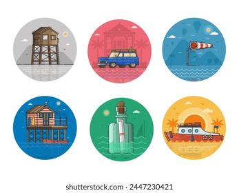 Iconos de viajes de vacaciones en el mar. Las vacaciones de verano junto al mar rodean las escenas con la torre de vigilancia, la cabaña de playa, el barco de velocidad, el coche de surf y la carta de rescate. Icono náutico y marítimo.