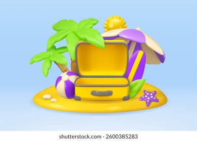 Sea vacation vector 3d banner design. Open suitcase with sun, palm trees, parasol, beach ball and surfboard. Summer vacation cartoon concept, sand island