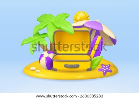 Sea vacation vector 3d banner design. Open suitcase with sun, palm trees, parasol, beach ball and surfboard. Summer vacation cartoon concept, sand island