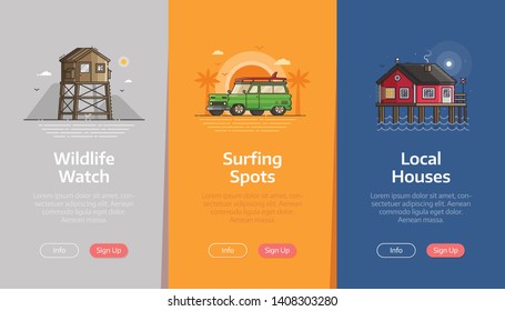 Sea vacation vertical banners for beach resort application. Summer traveling agency onboarding UI screens. Adventure on seaside coast scenes with baywatch tower, surfing car and fisherman house.