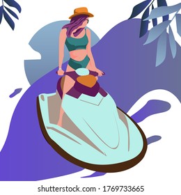 Sea vacation vertical banners for beach. Flat style design. Vector illustration of girl riding personal watercraft. Beautiful sport themed poster. Water sports, extreme sports, summer vacation, water
