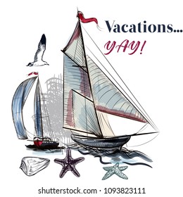 Sea vacations illustration with watercolor ship