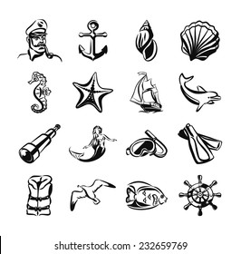 Sea vector black icon set