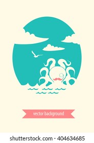 Sea vector card with seagull and octopus in oval frame. Place for logo, label or greetings. Doodle sea design. 