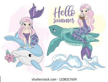 Sea vector colorful illustration MERMAID, TURTLE and DOLPHIN