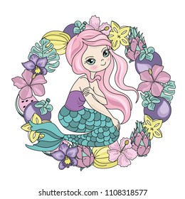 Sea vector colorful illustration MERMAID AND FRUITS