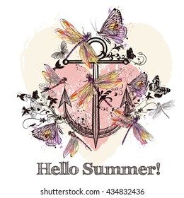 Sea vector design or print for Tshirts with anchor butterflies and dragonfly hello summer