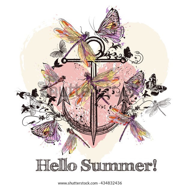 Sea vector design or print for\
Tshirts with anchor butterflies and dragonfly hello\
summer