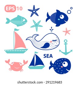 Sea vector elements, fishes - set of vector icons. Isolated on white background