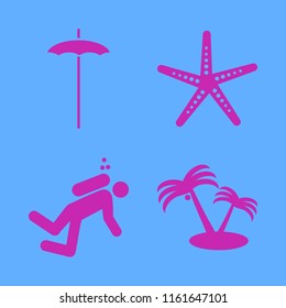 sea vector icons set. with diver, starfish, beach umbrella and palm trees in set
