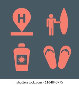 sea vector icons set. with surfer with board, beach sneakers, hotel location and sun oil in set