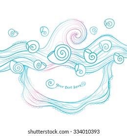 Sea vector Illustration with ammonites in the waves of the sea and cute frame under waves. Vector stylized illustration - outline sea wave and swirl shells. Blue turquoise hand drawn frame. Eps 10.