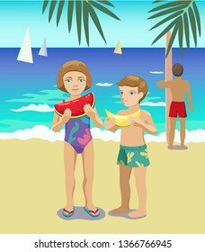 Sea vector illustration. Two sibling children on the bich eat melon and watermelon. Palm leawes and surfing man