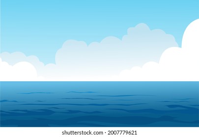 Sea vector illustration with water waves, blue sky and white clouds graphics, cartoon seascape or waterscape,Ocean waves nature.