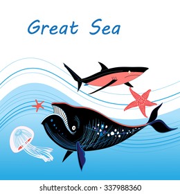Sea vector illustration of a whale and a shark