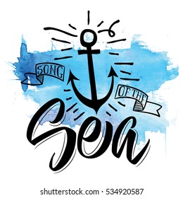 Sea vector lettering illustration for a t-shirt. Watercolor background.