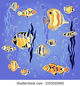 Sea Vector Pattern with Fishes and Bubbles