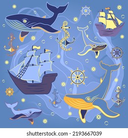 Sea Vector Pattern with Ships and Whales