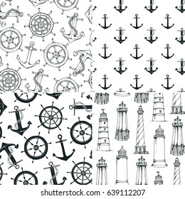 Sea vector patterns, seamless set of marine black and white backgrounds