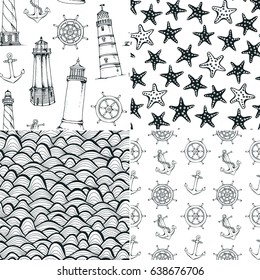 Sea vector patterns, set of seamless marine white and black backgrounds