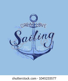 Sea vector print for female t-shirt. Design for screen-printing press, two colour print. Creative poster slogan love sailing. Can be used for fabric, wallpaper, print for textile clothes in fashion.