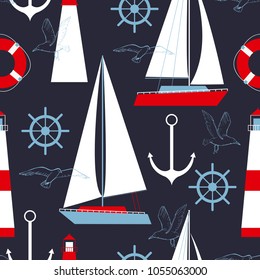 Sea vector seamless pattern with yachts and lighthouses.