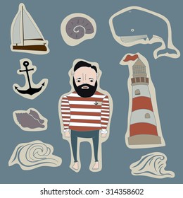sea vector set consist from a sailor, boat, anchor, lighthouse, waves, whale on a blue background