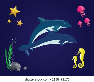 Sea vector set. Dolphin, jellyfish, sea horse, starfish, seaweed and stones in the underwater in the ocean. elements can be used for children illustrations or computer games