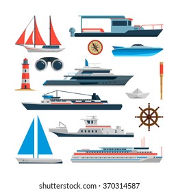 Sea vector set of ships, boats and yacht isolated on white background. Marine transport design elements and icons in flat style. Ocean travel concept.